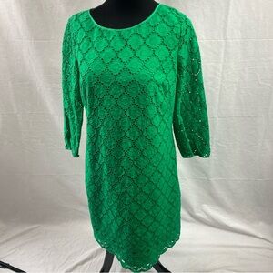 Talbots Green Cotton Eyelet Lace Short Shift Dress 3/4 Sleeves Size 12